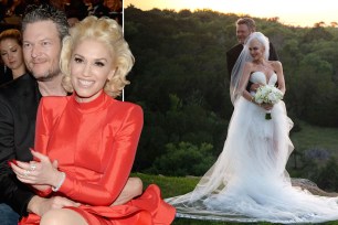 Left: Blake Shelton and Gwen Stefani in 2016. Right: Gwen and Blake on their wedding day
