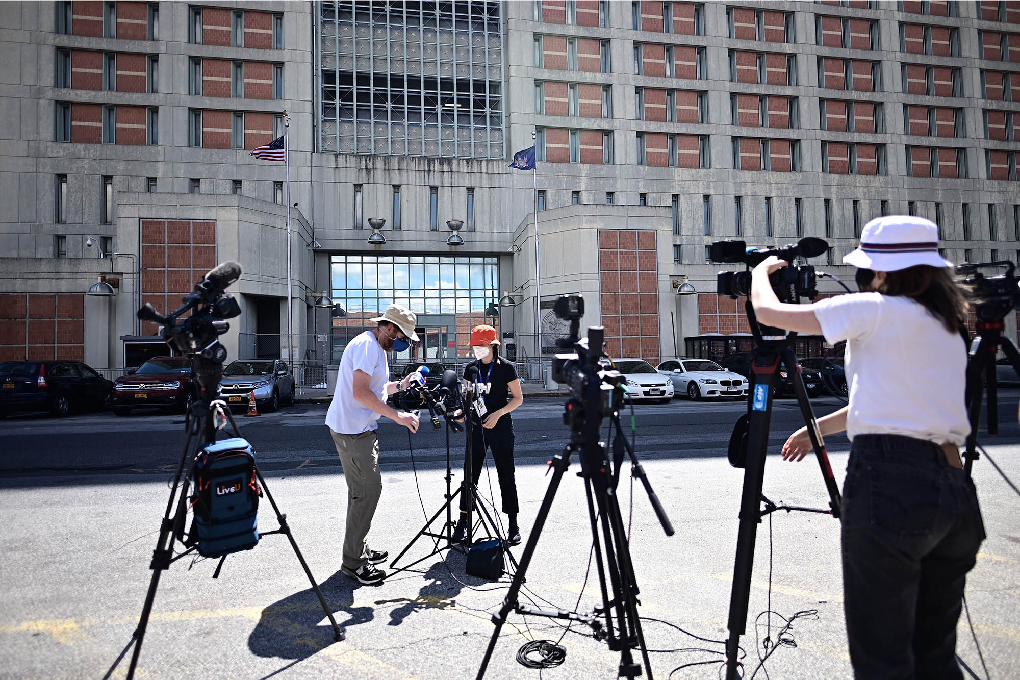 Media is setting up in front of the Metropolitan Detention Center on July 14, 2020 after Ghislaine Maxwell pleaded not guilty to charges.