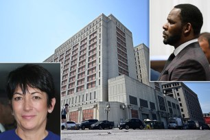 A photo composite of R. Kelly, Ghislaine Maxwell and the Metropolitan Detention Center.