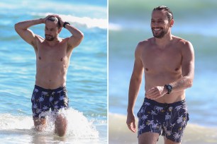 Ioan Gruffudd going for a swim at a beach in Santa Monica, California.