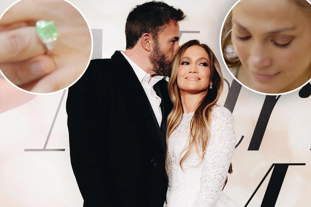 Ben Affleck and Jennifer Lopez on a red carpet with an inset of her ring and the singer announcing their engagement. 