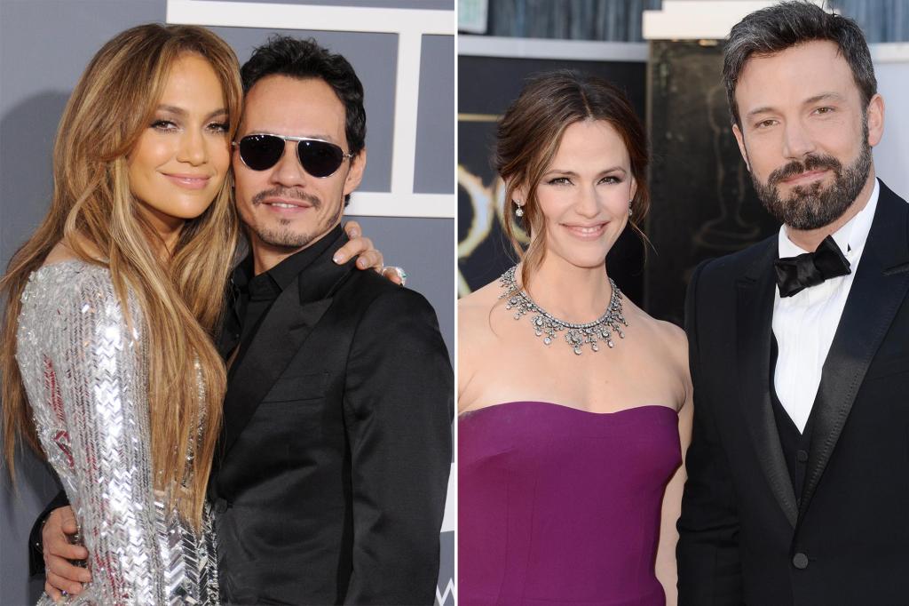 Jennifer Lopez is seen with Marc Anthony in 2011 (L) and Ben Affleck in photographed with Jennifer Garner in 2013.