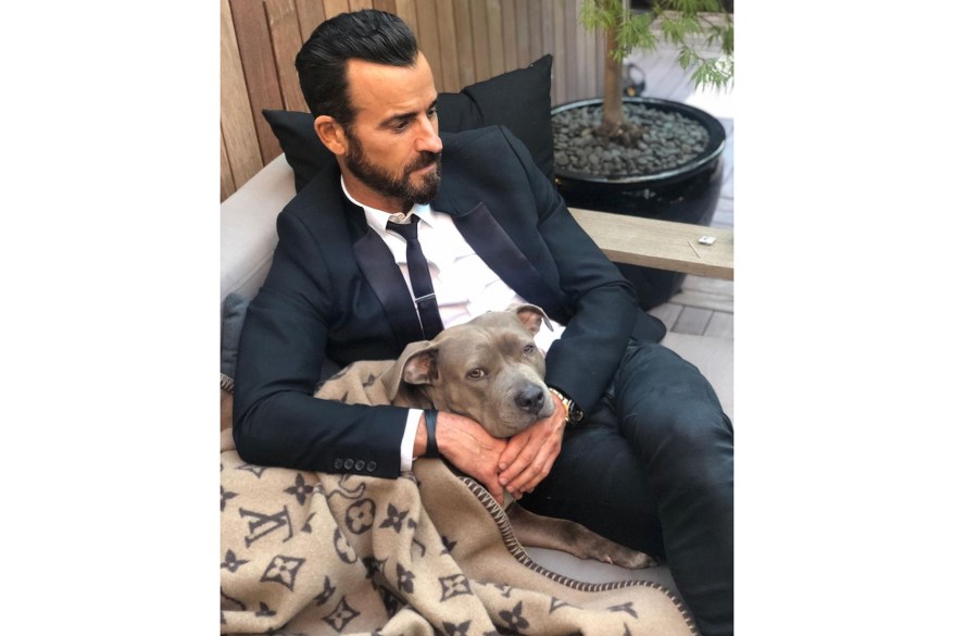 IN THE PIT(BULL): Justin Theroux is a happy dog-dad, honoring the day three years ago that he adopted Kuma.