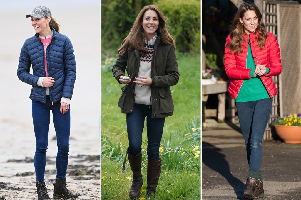 Kate Middleton sported her skinny jeans during a trip to Scotland in May (left), and for appearances at Manor Farm both this April (center) and in December 2019 (right).