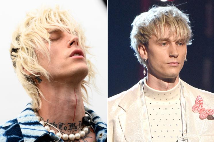 Machine Gun Kelly with long hair (left) and shorter hair (right).