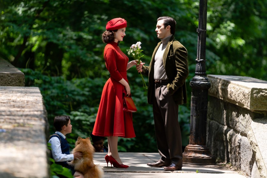 PETAL PUSHER: Milo Ventimiglia gifts Rachel Brosnahan a bouquet of flowers on the set of “The Marvelous Mrs. Maisel” on the Upper West Side.