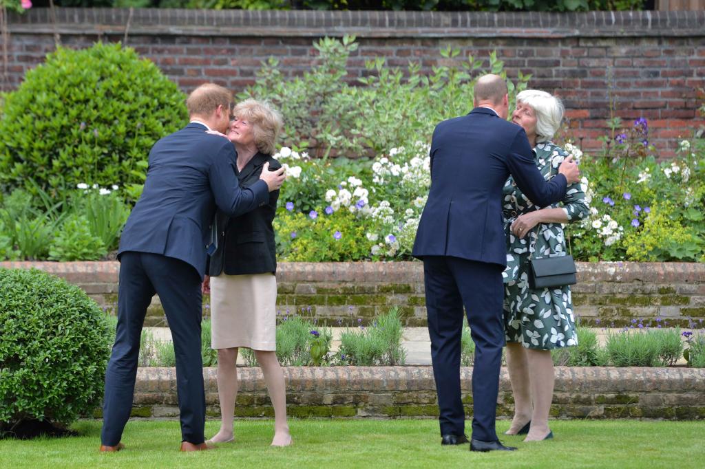 Britain's Prince William, secondright and Prince Harry, left greet their aunts, Lady Sarah McCorquodale, second left and Lady Jane Fellowes.