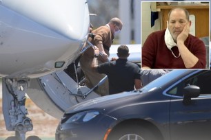 Harvey Weinstein is removed from a plane as he is transferred to the custody of Los Angeles authorities