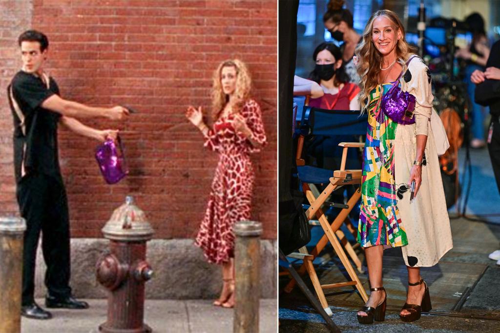 Sarah Jessica Parker carrying a purple Fendi baguette bag in 2000 and in 2021