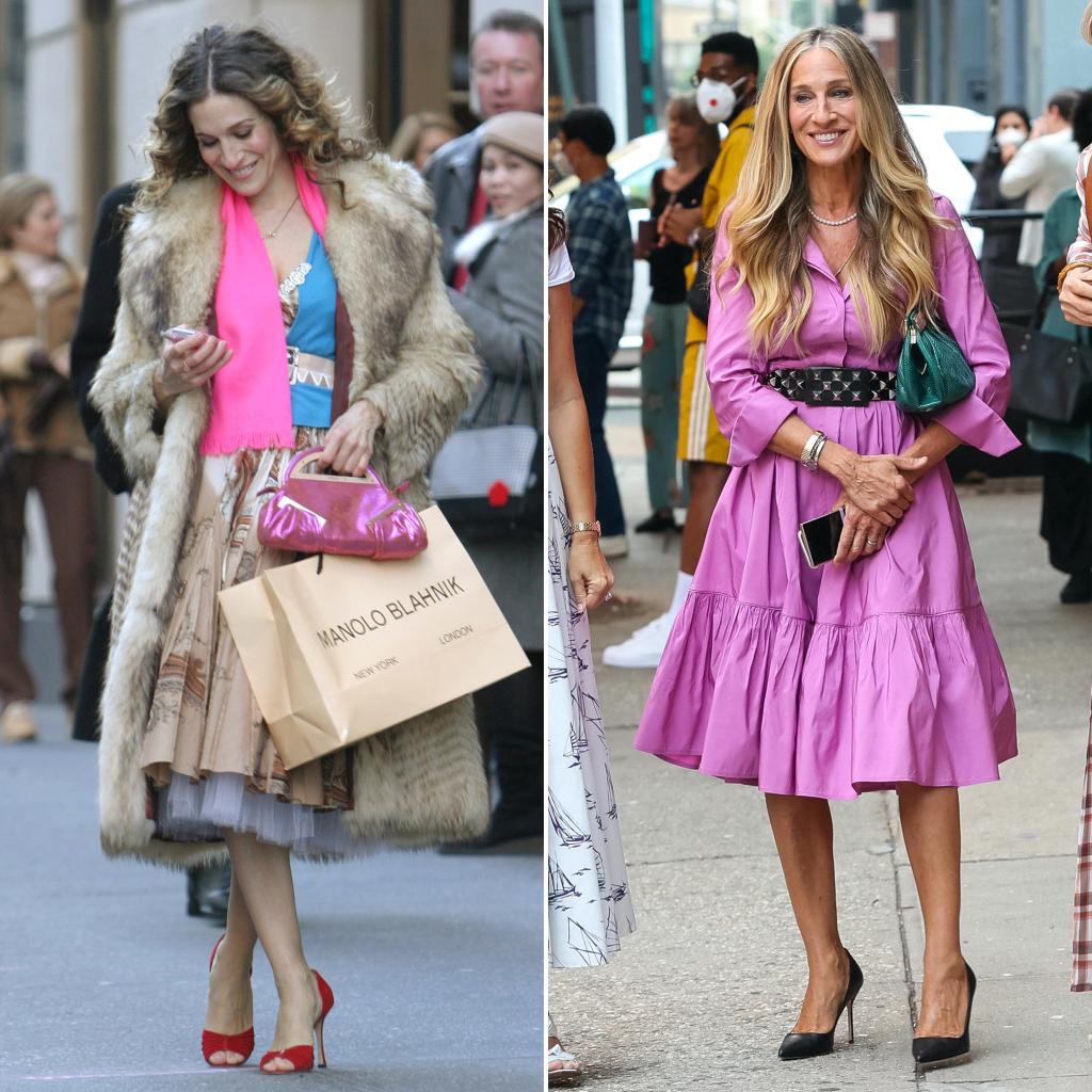 Sarah Jessica Parker wearing Manolo Blahniks in 2004 and in 2021