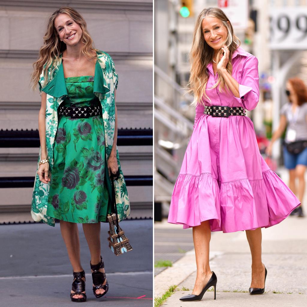 Sarah Jessica Parker wearing a studded belt in 2008 and in 2021