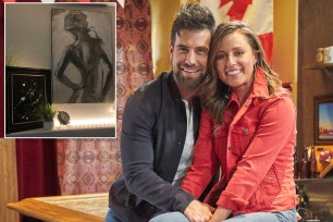 Katie Thurston and Blake Moynes cuddle on "The Bachelorette" with an inset of his painting of semen.