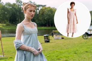 "Bridgerton" star Phoebe Dynevor and the new Hill House Home collaboration dress.