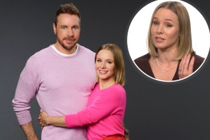 Kristen Bell with her arms wrapped around Dax Shepard, with an inset of Bell talking to "Entertainment Tonight" about the bathing debate.