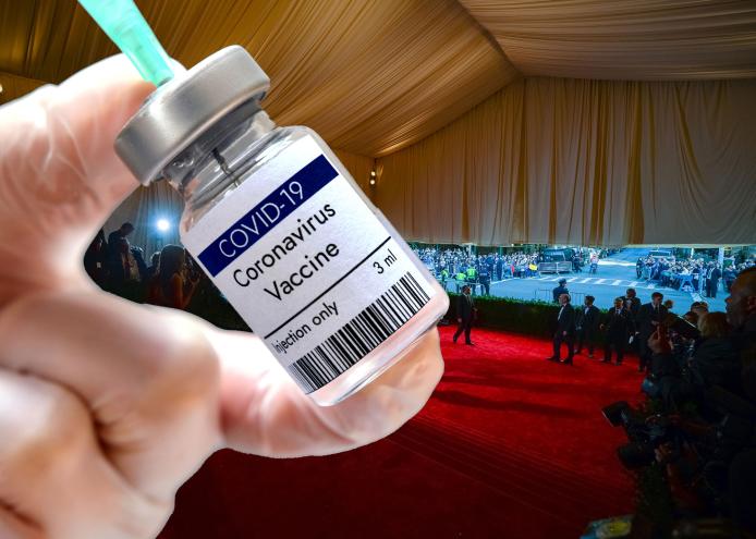 COVID-19 vaccine against backdrop of Met Gala red carpet.