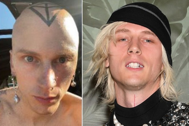 Machine Gun Kelly's shaved head and skull tattoo (left) and a photo of him from July with long hair (right)