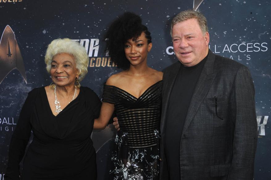 Actors Nichelle Nichols, Sonequa Martin-Green and William Shatner pose at the premiere of CBS' "Star Trek: Discovery" held at The Cinerama Dome on Sept. 19, 2017, in Los Angeles.