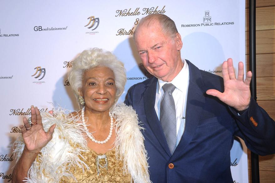 Actress Nichelle Nichols and manager Gilbert Bell arrive for her 85th birthday celebration held at La Piazza/The Grove on Dec. 28, 2017, in Los Angeles.