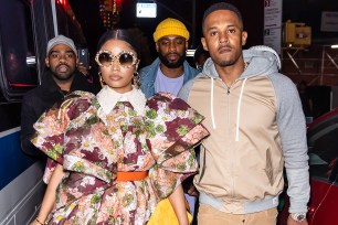 Kenneth Petty and Rapper Nicki Minaj are seen leaving the Marc Jacobs Fall 2020 runway show during New York Fashion Week on February 12, 2020 in New York City.