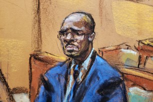 R. Kelly listens as jury selection begins for his sexual abuse trial in Brooklyn, New York on August 9, 2021 in this courtroom sketch.
