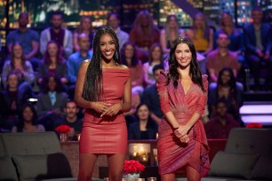 Tayshia Adams and Kaitlyn Bristowe, seen here during the recent "Men Tell All" special for "The Bachelorette"