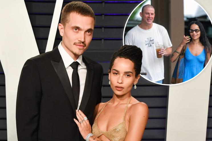 Zoë Kravitz and Karl Glusman on a red carpet, with an inset of Zoë Kravitz and Channing Tatum walking together.