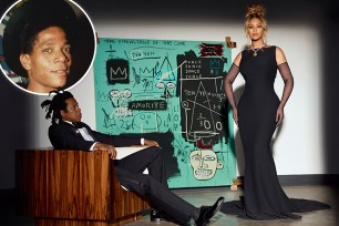 Beyoncé and Jay-Z's Tiffany & Co. ad featuring Jean-Michel Basquiat's painting, with an inset of the late artist.