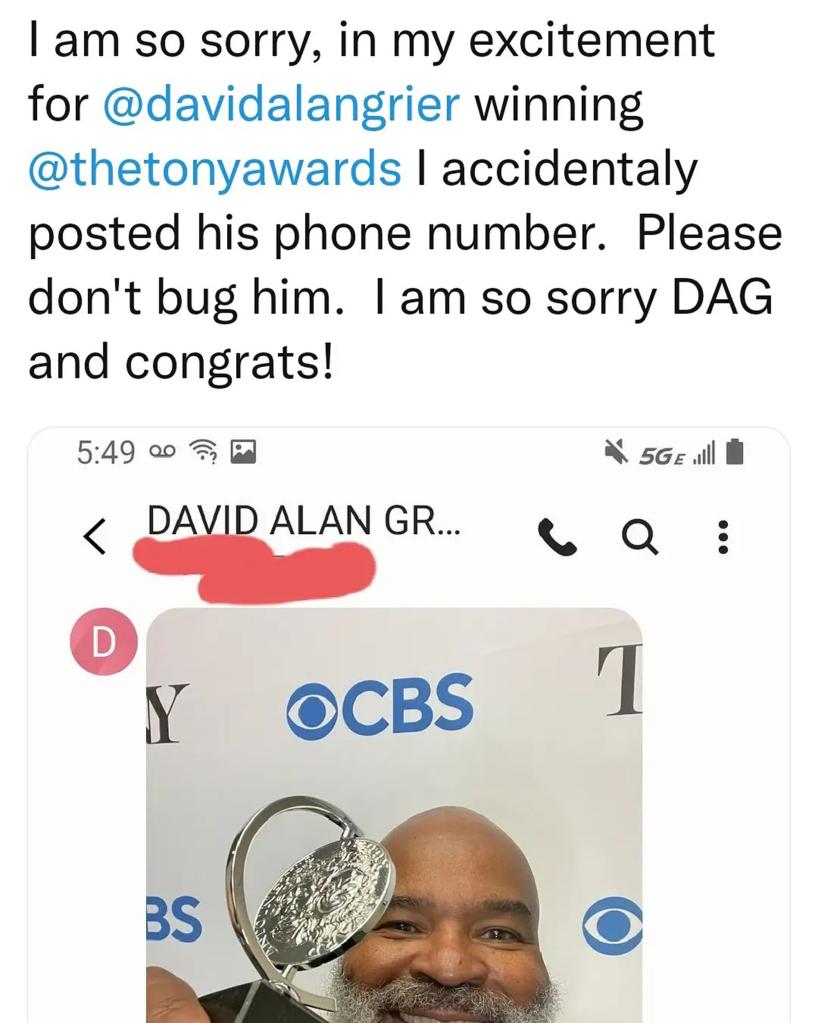 Jerry O'Connell Instagram post apologizing for publishing David Alan Grier's phone number.