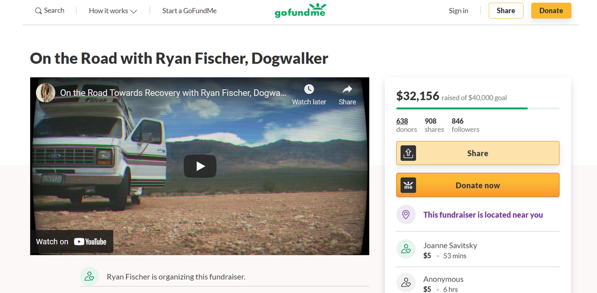 A screenshot of the GoFundMe page Fischer created. 