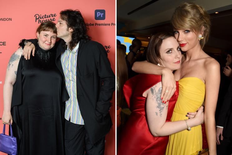 Luis Felber kisses Lena Dunham's forehead in 2021; Lena Dunham hugs Taylor Swift.