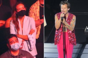 Olivia Wilde watches Harry Styles' "Love on Tour" opener from the audience; Harry Styles performs onstage in Las Vegas.