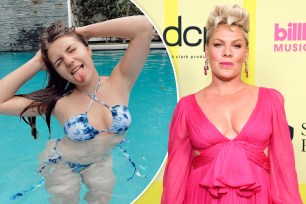 Piper Rockelle poses in a bikini in a swimming pool with her arms above her head and her tongue out; Pink stands on the red carpet at the 2021 Billboard Music Awards.