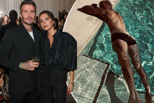 David and Victoria Beckham together; David Beckham's bare butt in a swimming pool.