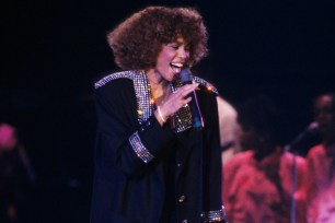 Whitney Huston performs in London on October 19, 1986.