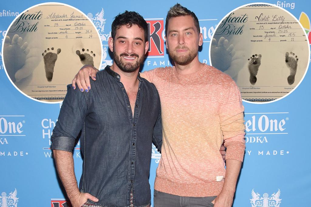 Michael Turchin and Lance Bass on a red carpet; inset of their twins' birth certificates