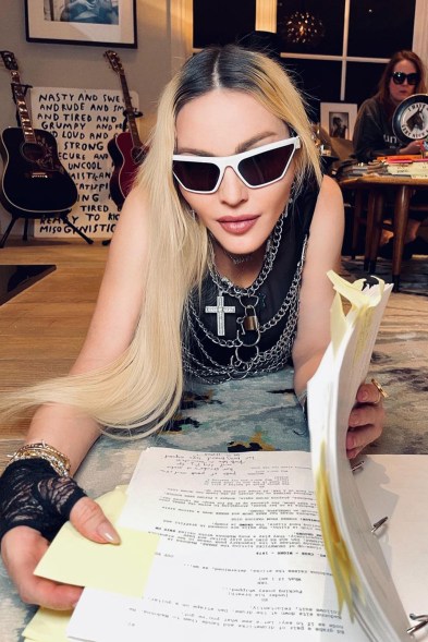 LIVE TO TELL: Madonna rocks punk pizzazz while putting the finishing touches on the script of her biopic.