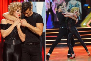 A split of Gleb Savchenko hugging Melanie C from behind on "Dancing With the Stars" and them dancing during "Grease Night."