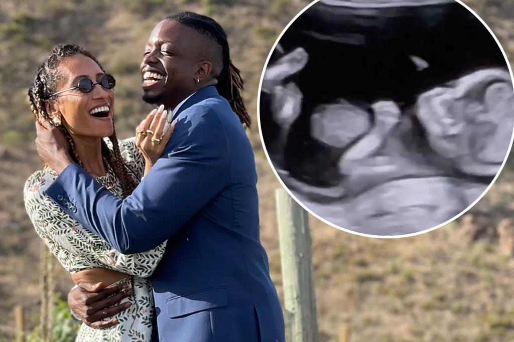 Elaine Welteroth and husband Jonathan Singletary laughing together; an inset of their first child's sonogram