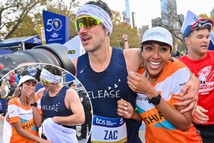 Tayshia Adams and Zac Clark crossing the finish line at the 2021 NYC Marathon