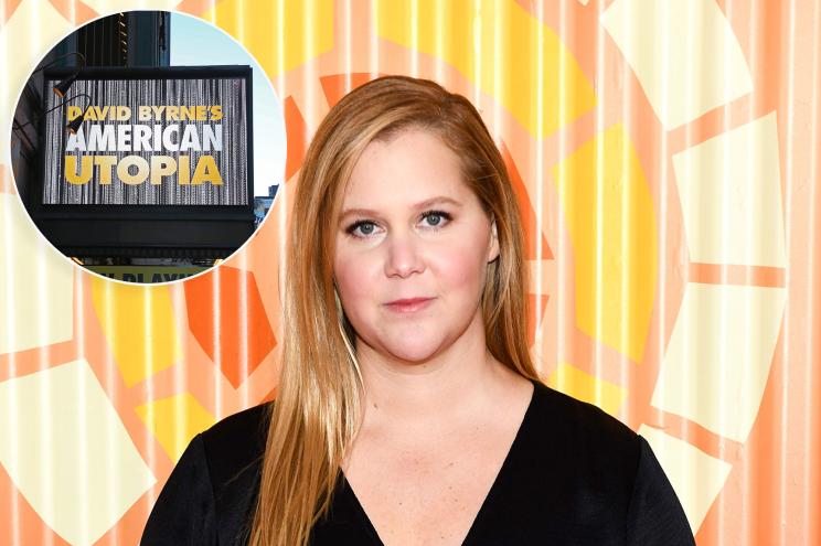 Amy Schumer with an inset of the "American Utopia" logo.