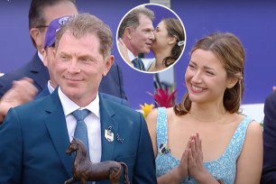 Bobby Flay's girlfriend, Christina Perez, claps next to him at the 2021 Breeders' Cup World Championships with an inset of Perez kissing Flay on the cheek.