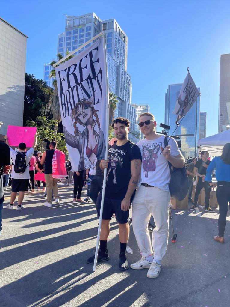 Jason Rivera (L) who is 31, and James Barry, 39, both of Conn, Britney Spears supporters