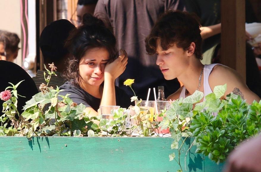 Camila Cabello cries next to Shawn Mendes.