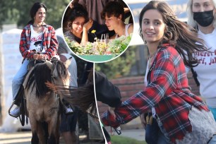 three photos of Camila Cabello on a horse and crying to shawn mendes