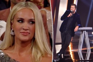 A split of Carrie Underwood giving side-eye and Luke Bryan onstage at the 2021 CMA Awards.