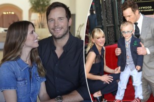 Chris Pratt and Katherine Schwarzenegger (left) and (right) a photo of Pratt with ex Anna Faris and their son Jack.