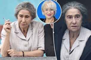 Helen Mirren playing Golda Meir; an inset of Helen Mirren on the red carpet