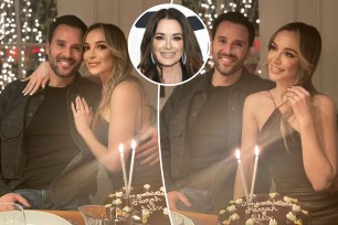 Farrah Aldjufrie and Alex Manos celebrating their engagement with an inset of her mom Kyle Richards.