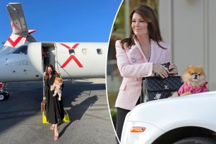 Lisa Vanderpump leaving a private jet and a photo of her shopping with an expensive handbag