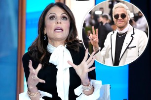 Bethenny Frankel with her hands wide open and a picture of Pete Davidson in inset